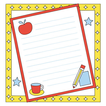 Hand-drawn stationery paper template with apple and pencil, cute school notepad vector illustration, lined writing page for kids and teachers
