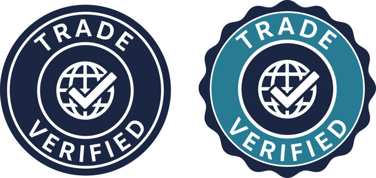 Trade Verified Badge Icons with Check Mark and Globe Symbol