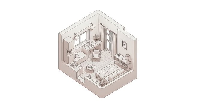 Isometric line art of a compact studio apartment living space