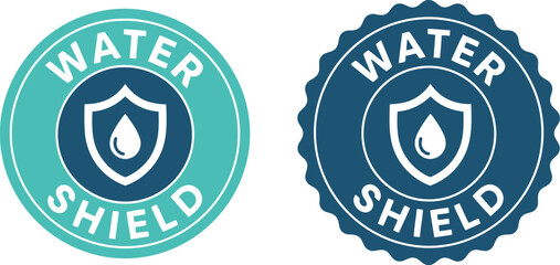Obraz premium Water Shield Badge Icons with Drop and Shield Symbol on Blue Background