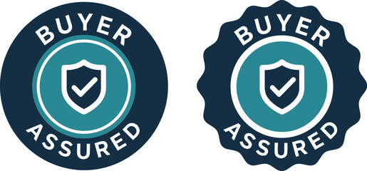 Fototapeta premium Buyer Assured Badge Icons with Shield and Check Mark on Blue Background