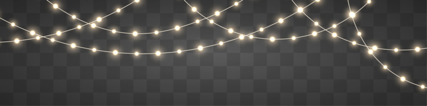 Christmas decoration string lights PNG. Golden luminous LED lamps and glowing yellow bulbs on garland. Xmas vector design for invitations and web banners.   