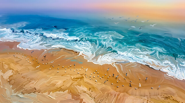 Waves crashing on shore Aerial View of Turquoise Ocean Waves Crashing on a Sandy Beach, drone photography, beach photography Aerial view of ocean waves crashing on sandy beach. Possible use Stock phot
