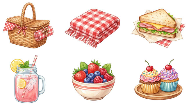 cute picnic basket food and red plaid blanket watercolor clipart set