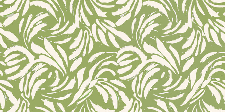 Olive green leaf pattern on cream background repeating botanical design