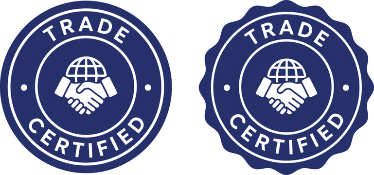 Trade Certified Badge Icon Set with Handshake and Globe Symbol