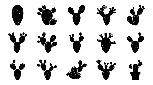 Black silhouette set of nopal prickly pear cactus plants with flowers and fruits isolated vector illustration collection
