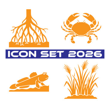Orange set 2026 featuring wetland ecosystem including mangrove roots, a crab, a mudskipper fish, and tall marsh grasses