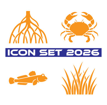 Orange set 2026 featuring wetland ecosystem including mangrove roots, a crab, a mudskipper fish, and tall marsh grasses
