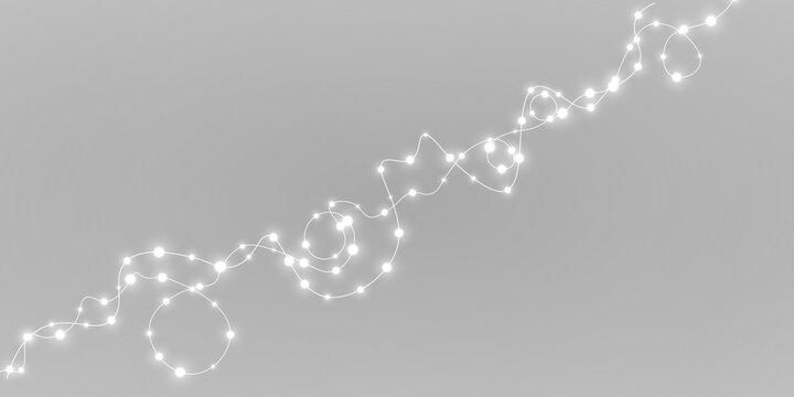 Glowing white garland PNG. Christmas decoration with realistic LED lamps and luminous silver bulbs. Xmas lights isolated on transparent background for web banners.