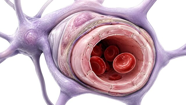 Blood Brain Barrier Anatomy with Brain Capillary and Red Blood Cells, 3D Medical Illustration.