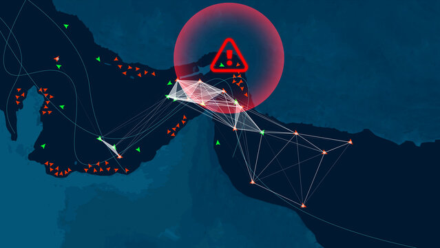 Digital marine traffic map highlighting a red warning sign over the Strait of Hormuz. Concept of global energy crisis, oil export ban, and maritime supply chain disruption due to geopolitical conflict