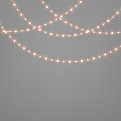 Golden glowing garland PNG. Christmas luminous red LED lamps and yellow gold bulb lights on string decoration. Realistic Xmas design for invitations and web banners. © ikril