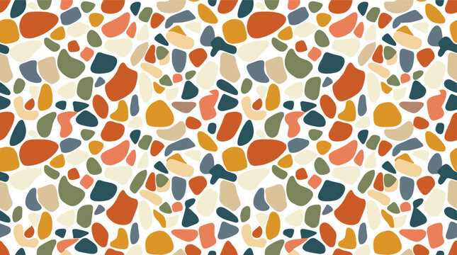 Seamless pattern of abstract organic pebble shapes in earthy tones of terracotta, mustard, sage green, and slate blue on a white background