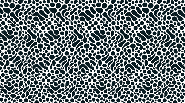 Seamless pattern of organic black blob shapes and small dots scattered on a white background, in a dense, repeating texture