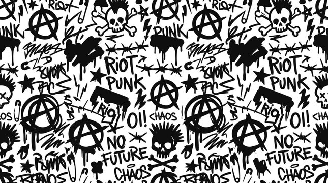 Punk rock graffiti seamless pattern featuring anarchy symbols, skulls with crossbones, barbed wire, drips, and text like riot and no future in black on white