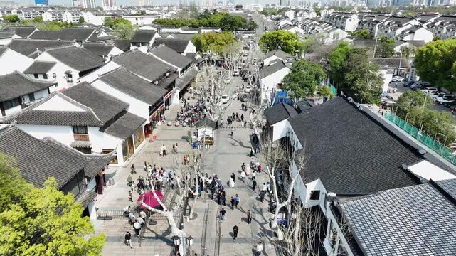Aerial view of flagstone streets and alleys in Jiangsu ancient town China