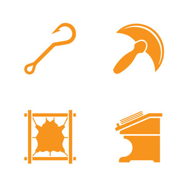 Four orange depicting a metal hook, a curved leather cutting knife, a square frame with animal hide, and a writing desk on a white background