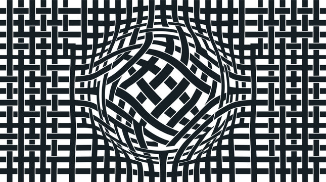 Abstract geometric background, featuring interwoven black, lines creating a, distorted grid pattern, with a circular, lens effect in, the center