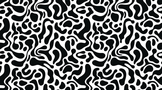 Seamless abstract pattern featuring organic black amoeba shapes and fluid blobs on a white background, for textile and