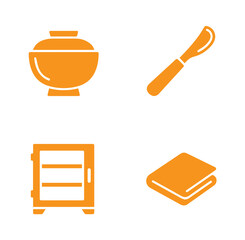 Four orange featuring a round lidded bowl, a curved surgical knife or scalpel, a small cabinet with shelves, and a folded piece of cloth or paper