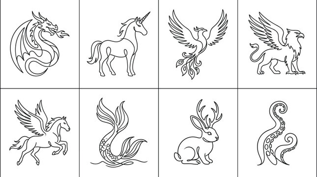 Set of eight mythical creatures line including dragon, unicorn, phoenix, griffin, pegasus, mermaid, jackalope, and kraken tentacle on a white background