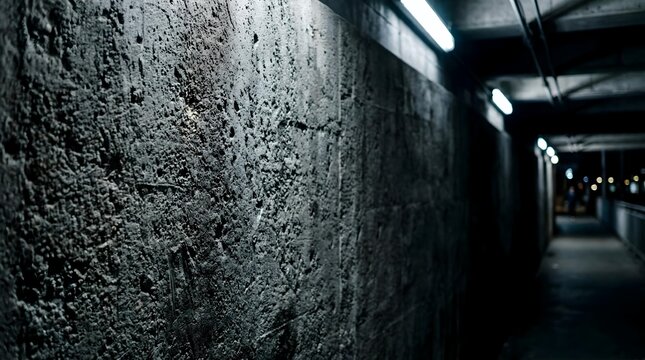 Gritty Concrete Wall Texture in a Dark Urban Underpass with Fluorescent Lights