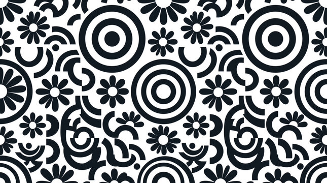 Seamless geometric pattern featuring black stylized flowers and concentric circles on a white background