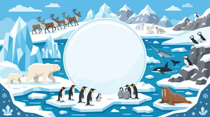 Flat vector arctic theme, icebergs, polar animals and snow elements surrounding a large empty center space   © Maftuh
