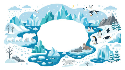 Flat vector arctic theme, icebergs, polar animals and snow elements surrounding a large empty center space   © Maftuh