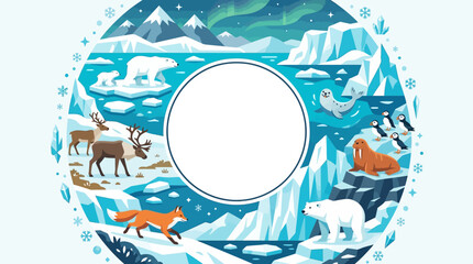 Flat vector arctic theme, icebergs, polar animals and snow elements surrounding a large empty center space   © Maftuh