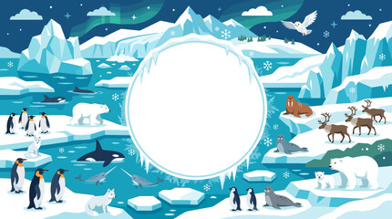 Flat vector arctic theme, icebergs, polar animals and snow elements surrounding a large empty center space   © Maftuh