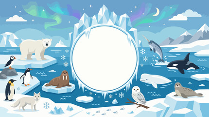 Flat vector arctic theme, icebergs, polar animals and snow elements surrounding a large empty center space   © Maftuh