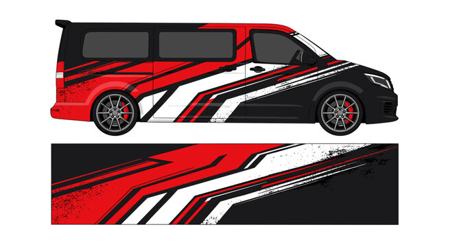 Red and white distressed geometric van wrap design kit.