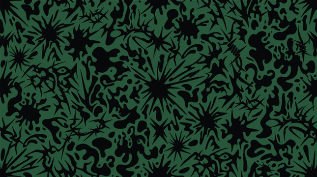 Y2 k style seamless pattern featuring black ink splatters, starbursts, and tribal shapes on a dark forest green background, for streetwear