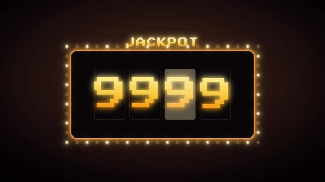 Casino slot machine jackpot win animation with spinning reels and golden sparkles on black
