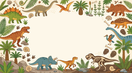 Educational flat vector background, dinosaurs, fossils and prehistoric plants decorating the borders   © Maftuh