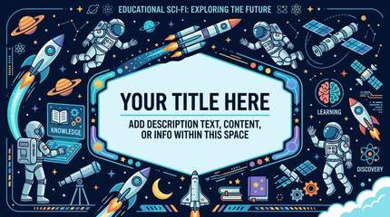 Educational sci-fi flat vector background, rockets, astronauts and futuristic learning symbols framing a large copy space   © Maftuh