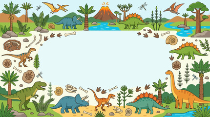 Educational flat vector background, dinosaurs, fossils and prehistoric plants decorating the borders   © Maftuh