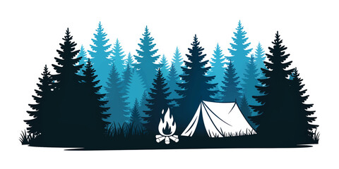 Obraz premium Minimalist White Tent and Campfire with Blue Pine Forest Silhouette Camping Vector Illustration