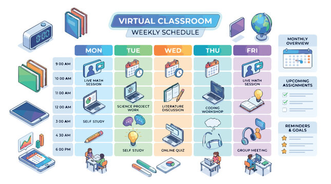 Isometric virtual classroom weekly schedule template for online education and remote learning.