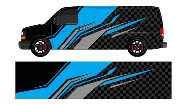 Blue and black racing checkered van wrap decal design.