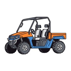 Fototapeta premium Vector illustration of an orange and blue utility task vehicle or utv, an offroad sidebyside vehicle with a cargo bed, roll cage, and rugged tires for outdoor recreation and farm work