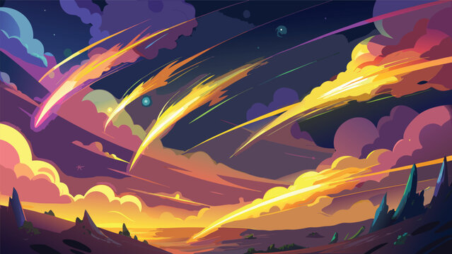 Meteor showers streaking across a vibrant twilight sky over alien landscapes during a cosmic event
