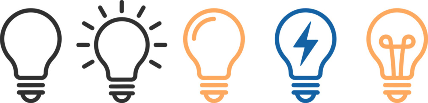 Light bulb icons with different states and ideas, power icon
