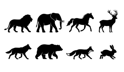 Obraz premium Wild Animal Silhouette Vector Set with Eight Black Isolated Wildlife Shapes