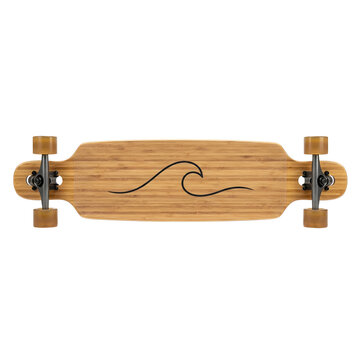 Wooden longboard skateboard with wave design and blue wheels