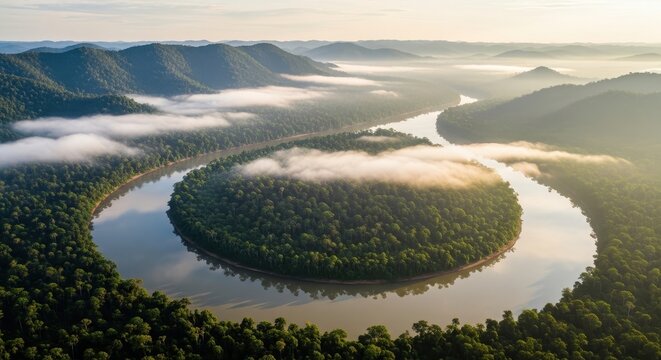 Aerial view of a majestic river horseshoe bend winding through a lush tropical rainforest at sunrise with mist