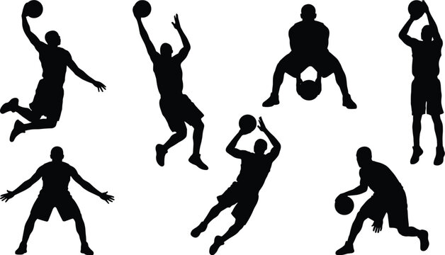 Basketball player silhouette collection with dribbling shooting and dunking sports action vector illustration set