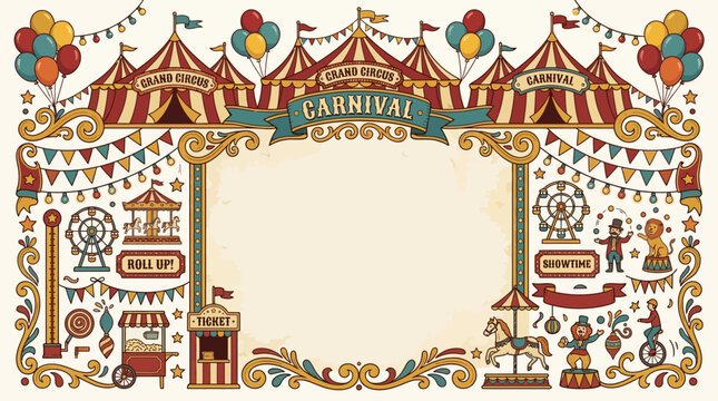 Vintage circus flat vector background, tents, balloons and carnival ornaments around edges, center left empty

